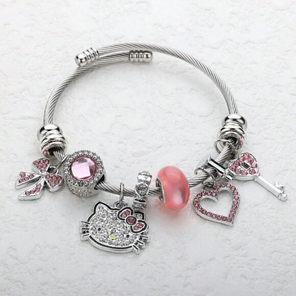 Stainless Steel Hello Kitty 🐱 Heart/Bowknot/Key/Pink Stone Pendant Open Bangle - Picture 4 of 6